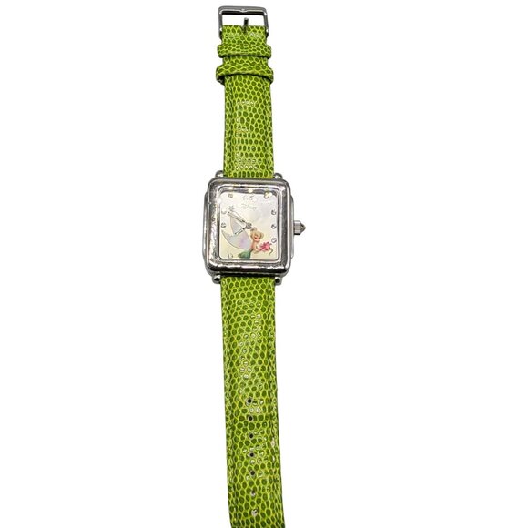 Disney Tinkerbell Accutime Watch TK1022 7" Green Faux Leather Band Silver Tone - Picture 15 of 15